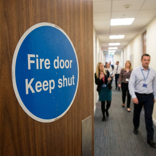 Fire Door Warning Labels – 100mm x 100mm – Self Adhesive Vinyl – Indoor Use
