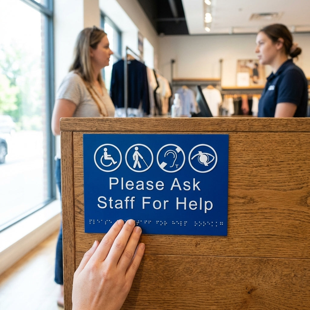 Braille Assistance Sign – 225mm x 150mm – PVC with Adhesive – Indoor Use
