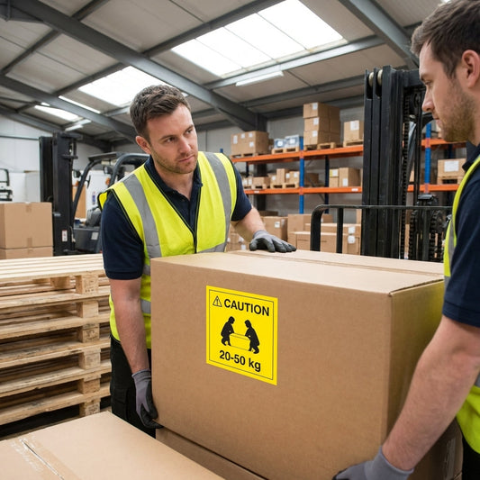 Caution Lifting Labels – 50mm x 50mm – Self Adhesive Vinyl – Indoor/Outdoor Use