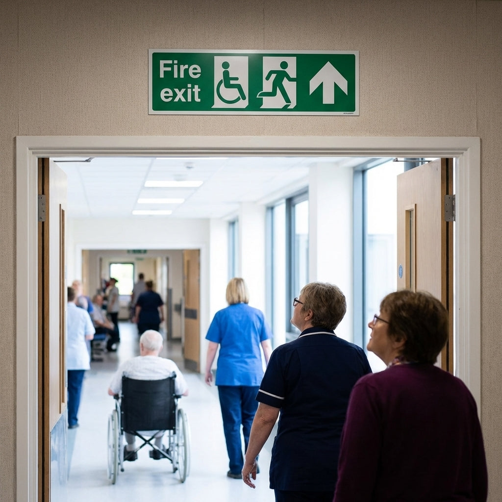 Fire Exit Sign – Disabled Symbol & Arrow Down – Safety Signage – Indoor/Outdoor