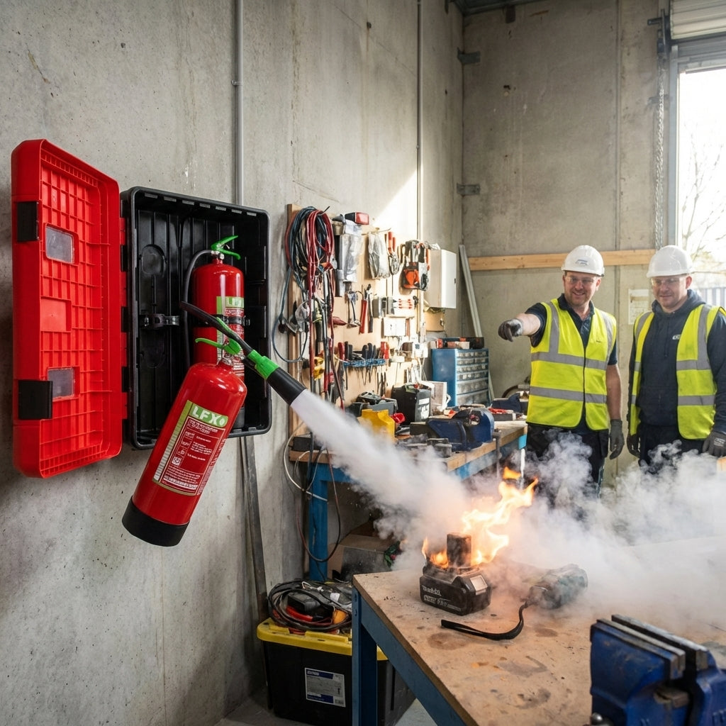Battery Fire Extinguisher & Double Cabinet Bundle – Water-Based – Industrial Use