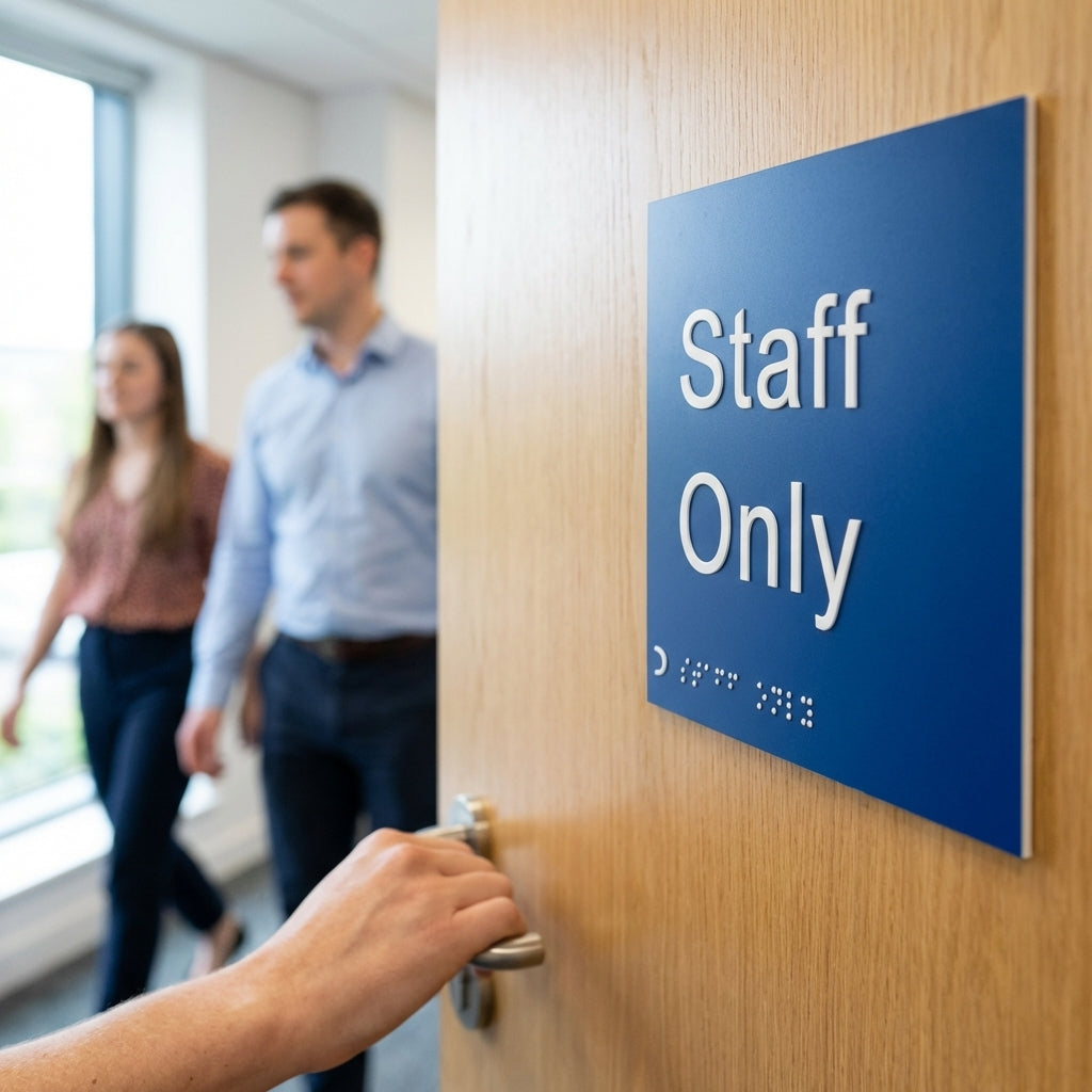 Braille Staff Only Sign – 150mm x 150mm – 1.5mm PVC with Self Adhesive – Indoor Use