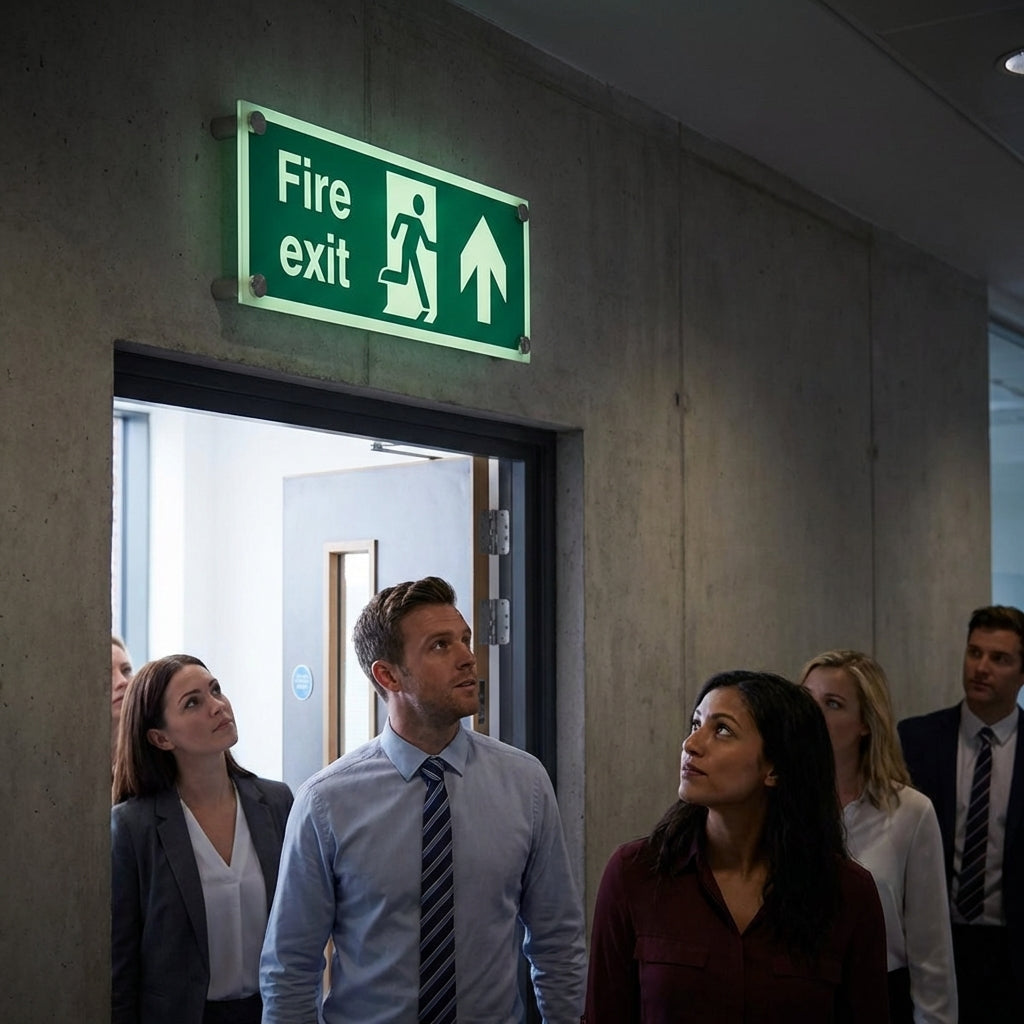 Photoluminescent Fire Exit Sign – 450mm x 150mm – Clear Acrylic – Indoor/Outdoor Use