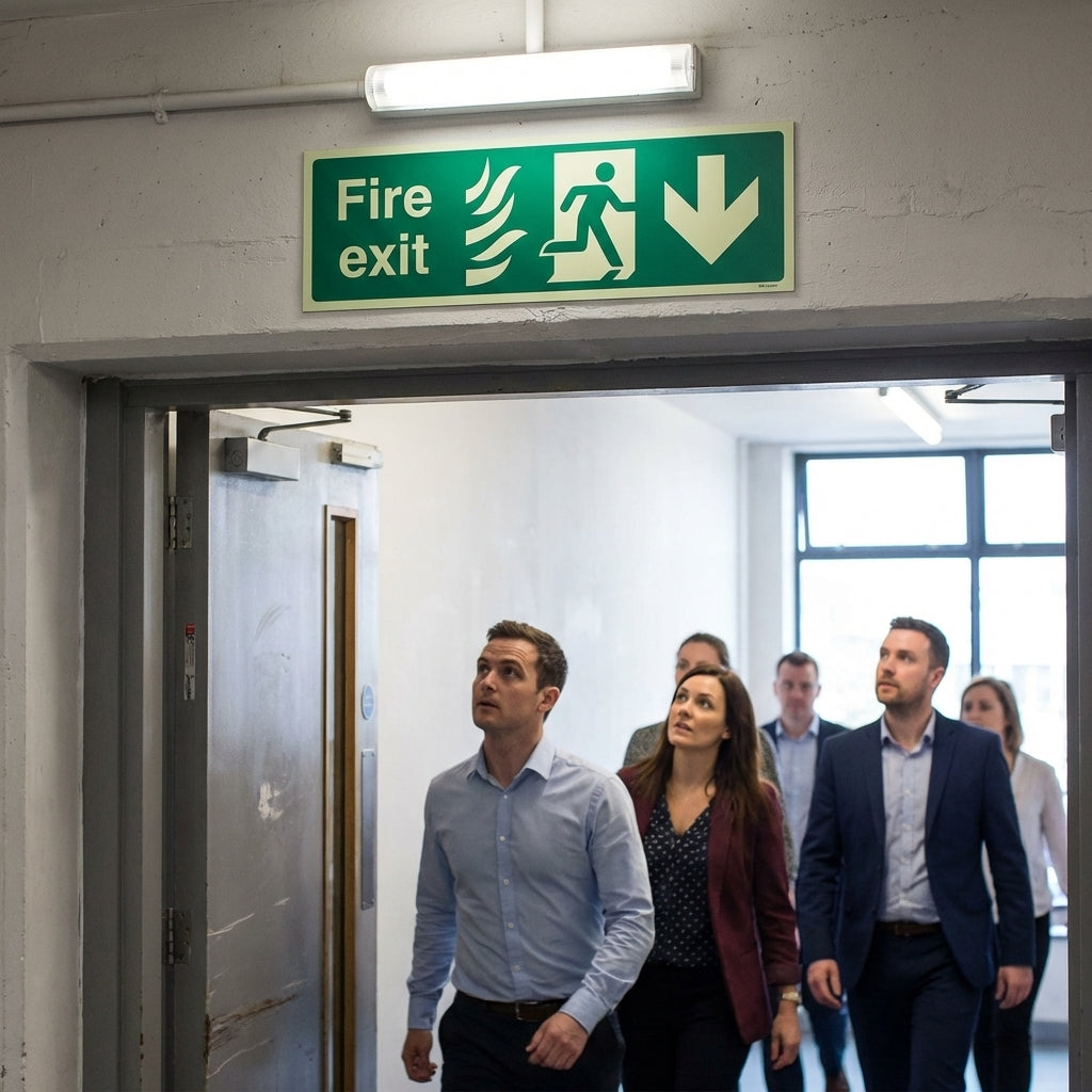 Fire Exit Sign – Arrow Down, Flames & Running Man – Safety Compliance