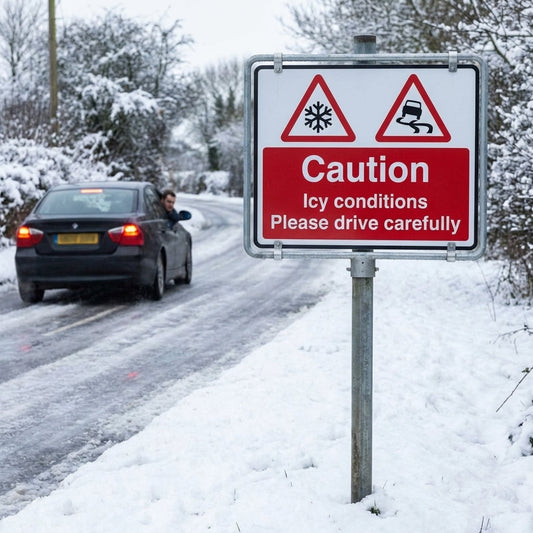 Caution Icy Conditions Sign – 600mm x 450mm – Rigid Plastic with Metal Frame – Indoor/Outdoor Use