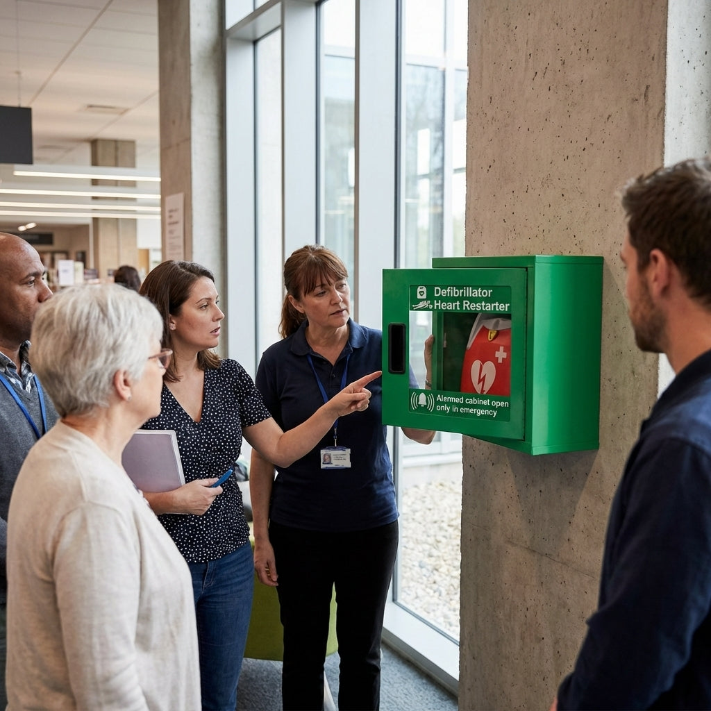 Universal AED Defibrillator Cabinet – Metal – Alarmed, Wall-Mountable – Indoor Use