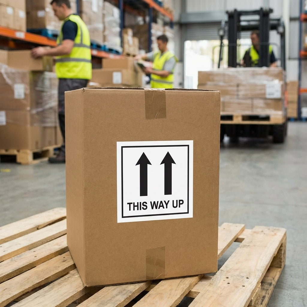 This Way Up Labels – 75mm x 100mm – Self Adhesive Vinyl – Indoor/Outdoor Use