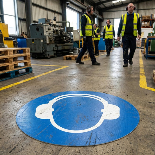 Ear Protectors Symbol Floor Graphic – 400mm Diameter – Polycarbonate – Factory & Warehouse Use