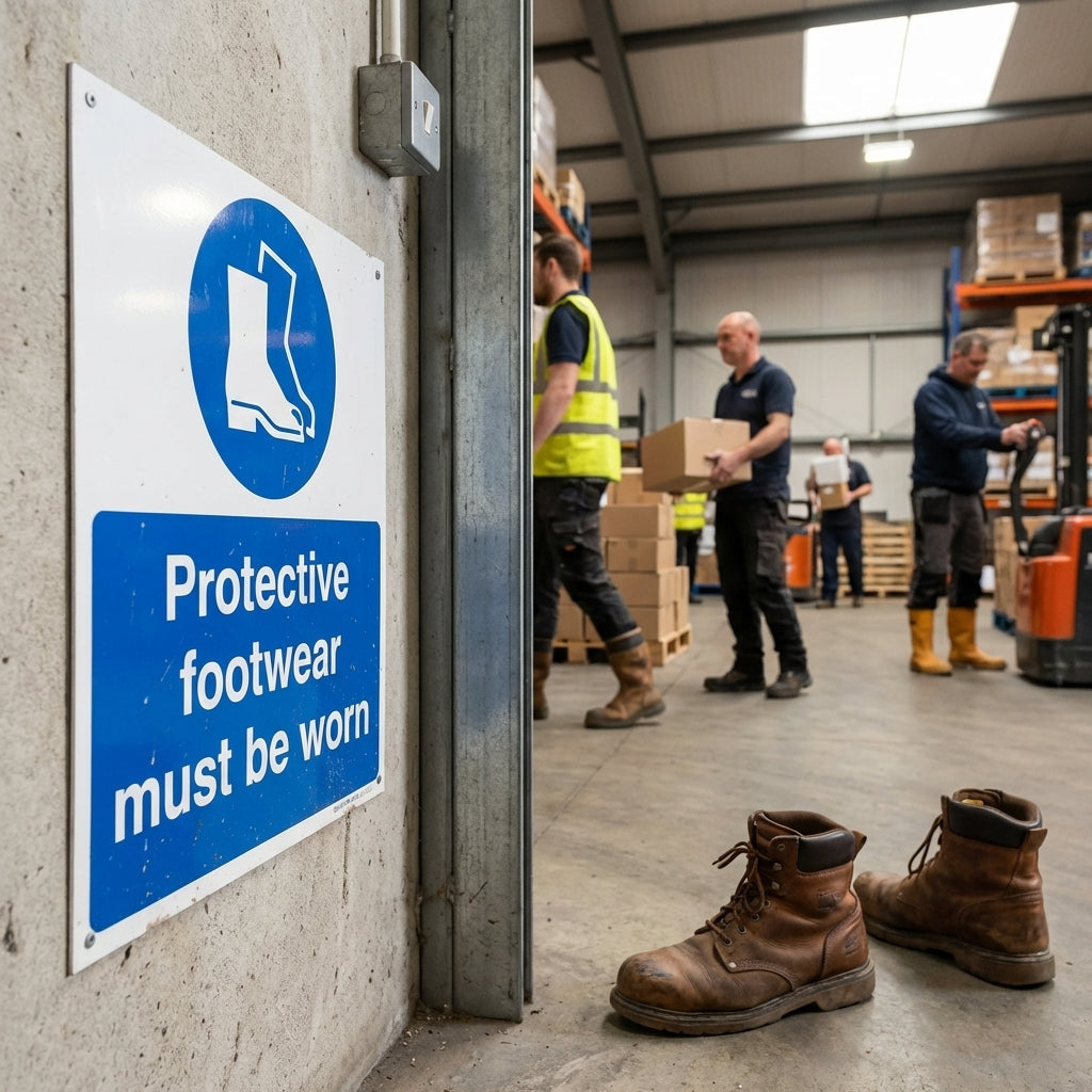 Protective Footwear Must Be Worn Safety Sign – 1mm Rigid Plastic & Vinyl – Indoor/Outdoor Use