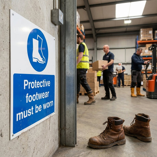 Protective Footwear Must Be Worn Safety Sign – 1mm Rigid Plastic & Vinyl – Indoor/Outdoor Use