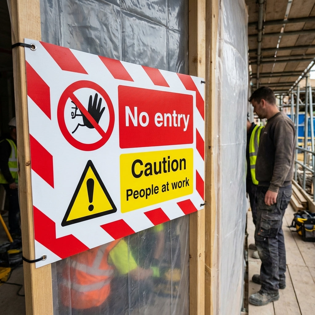 No Entry Caution People At Work Door Screen Sign – 600mm x 450mm – Flexible PVC – Indoor/Outdoor Use