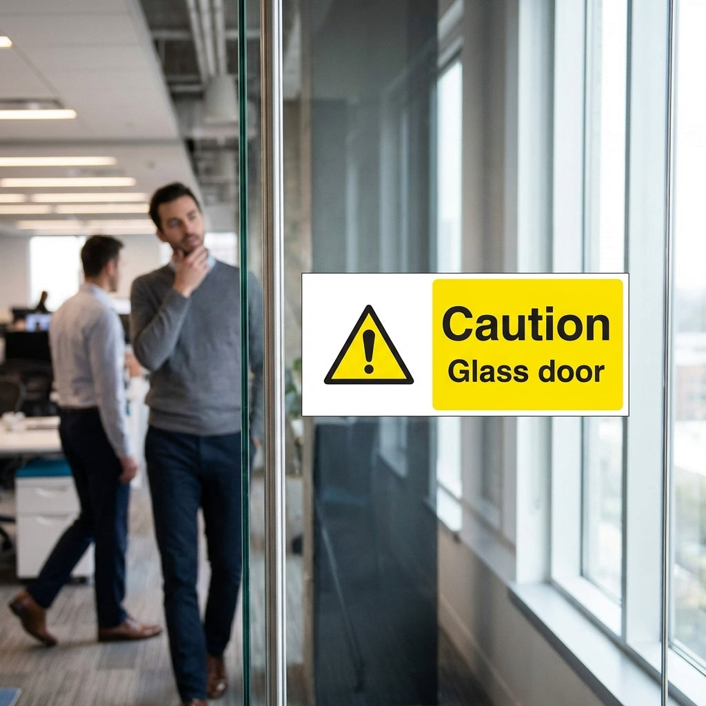 Caution Glass Door Sign – 200mm x 100mm – Self Adhesive Vinyl – Indoor Use