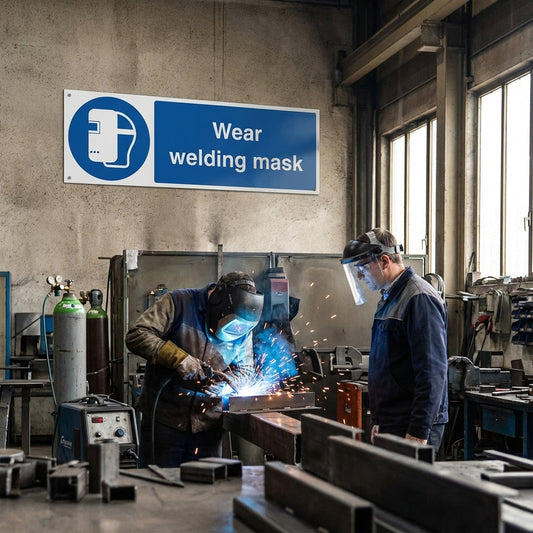 Wear Welding Mask Safety Sign – 1mm Rigid Plastic & Vinyl – Indoor/Outdoor Use