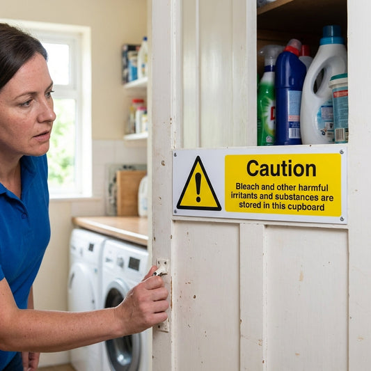 Caution Cupboard Signs – 1mm Rigid Plastic – Indoor/Outdoor Use