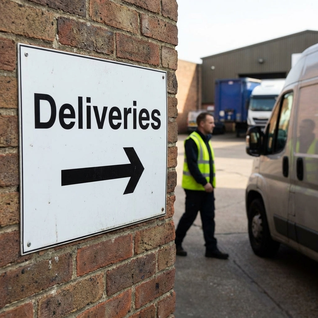 Deliveries Arrow Right Signs – 400mm x 300mm – Rigid Plastic – Indoor/Outdoor Use