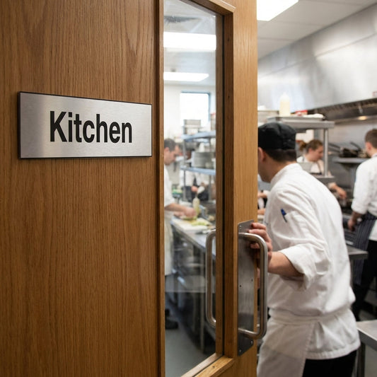 Engraved Kitchen Door Signs – Aluminum & Brass Effect – Professional Look – Indoor