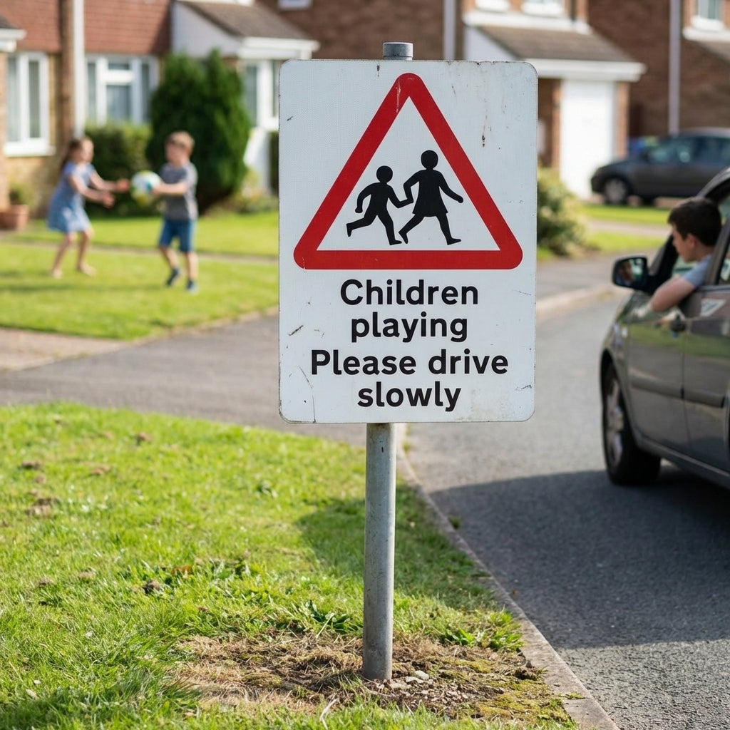 Children Playing Verge Sign with Post – 450mm x 150mm – 2mm Aluminium – Outdoor Safety