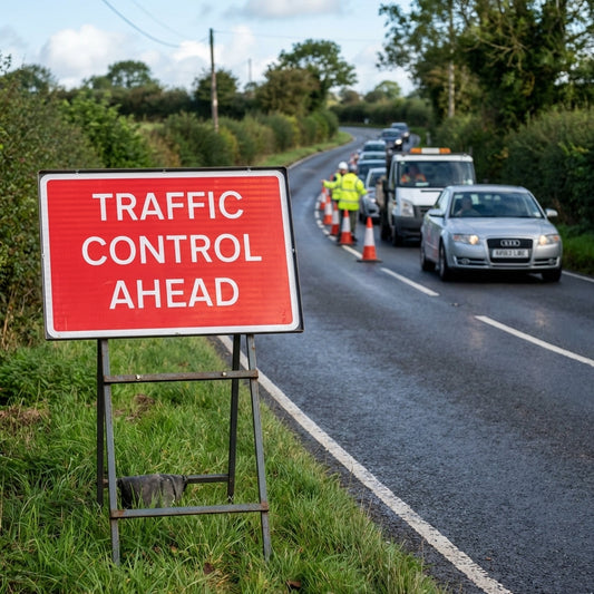 Traffic Control Ahead Reflective Temporary Road Traffic Sign – Class RA1 – Zintec Plate – Traffic Management