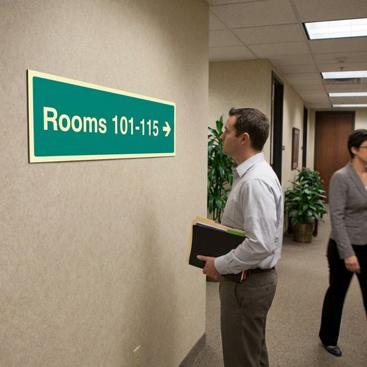 Room Number ID Signs with Arrow Right – 450mm x 150mm – Glow-in-the-Dark – Multi-Storey