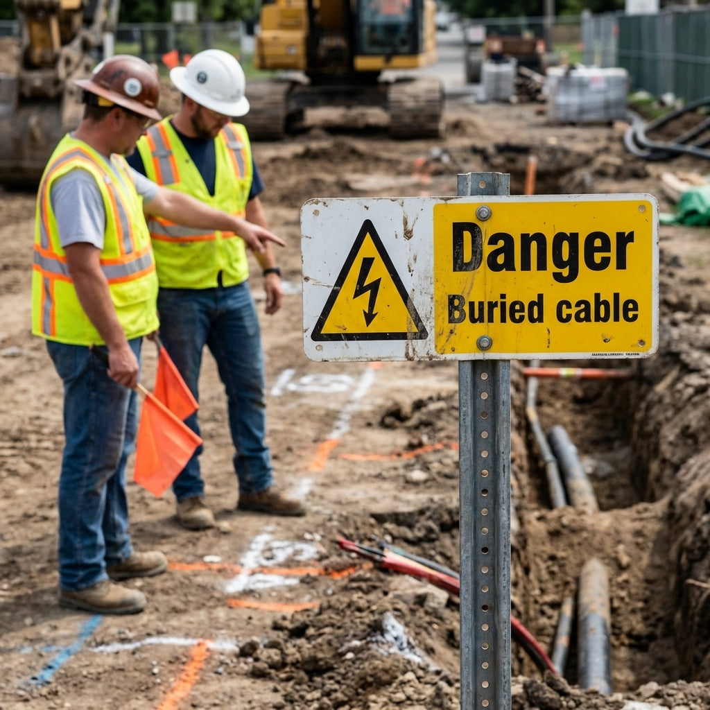 Danger Buried Cable Safety Signs – 1mm Rigid Plastic & Self-Adhesive Vinyl – Indoor/Outdoor Use