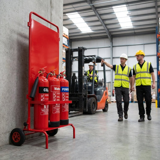 Heavy Duty Extinguisher Trolley Stand – Wheeled – Steel Construction – Industrial Use