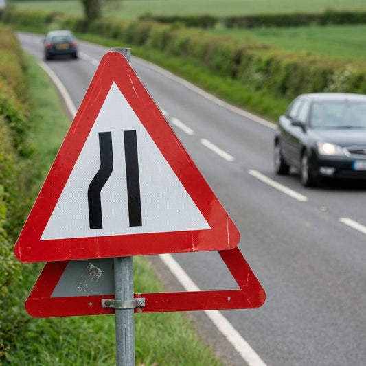 Road Narrows Left Side Reflective Traffic Sign – 600mm Triangle – Aluminium Composite RA1 – Outdoor Use