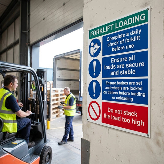 Forklift Loading Safety Sign – 450mm x 600mm – Rigid Plastic – Warehouse & Industrial Use
