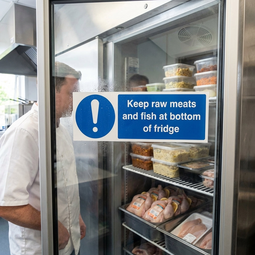 Safety Sign – Keep Raw Meats and Fish at Bottom of Fridge – 1mm Rigid Plastic – Indoor/Outdoor Use
