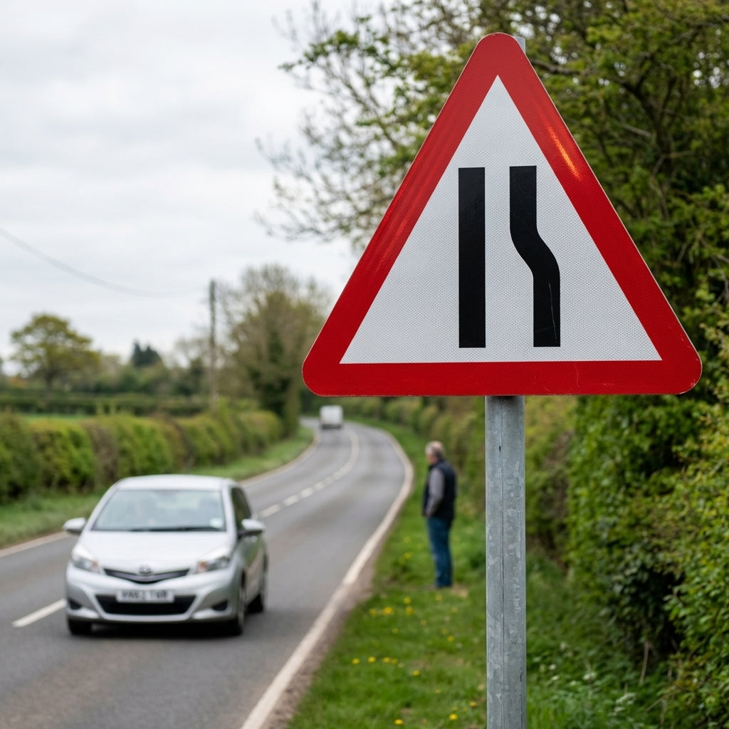 Road Narrows Right Side Reflective Traffic Sign – 600mm Triangle – Aluminium Composite – Outdoor Use (Class R2)