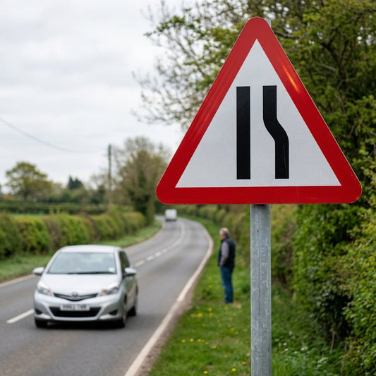 Road Narrows Right Side Reflective Traffic Sign – 600mm Triangle – Aluminium Composite – Outdoor Use (Class R2)