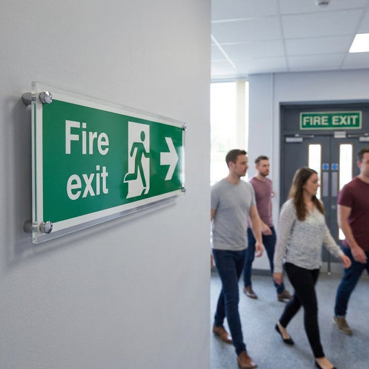 Fire Exit Right Visual Impact Sign – 450mm x 150mm – Clear Acrylic – Indoor/Outdoor Use