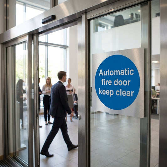 Automatic Fire Door Keep Clear Sign – 70mm x 70mm – Brushed Aluminium – Commercial Use