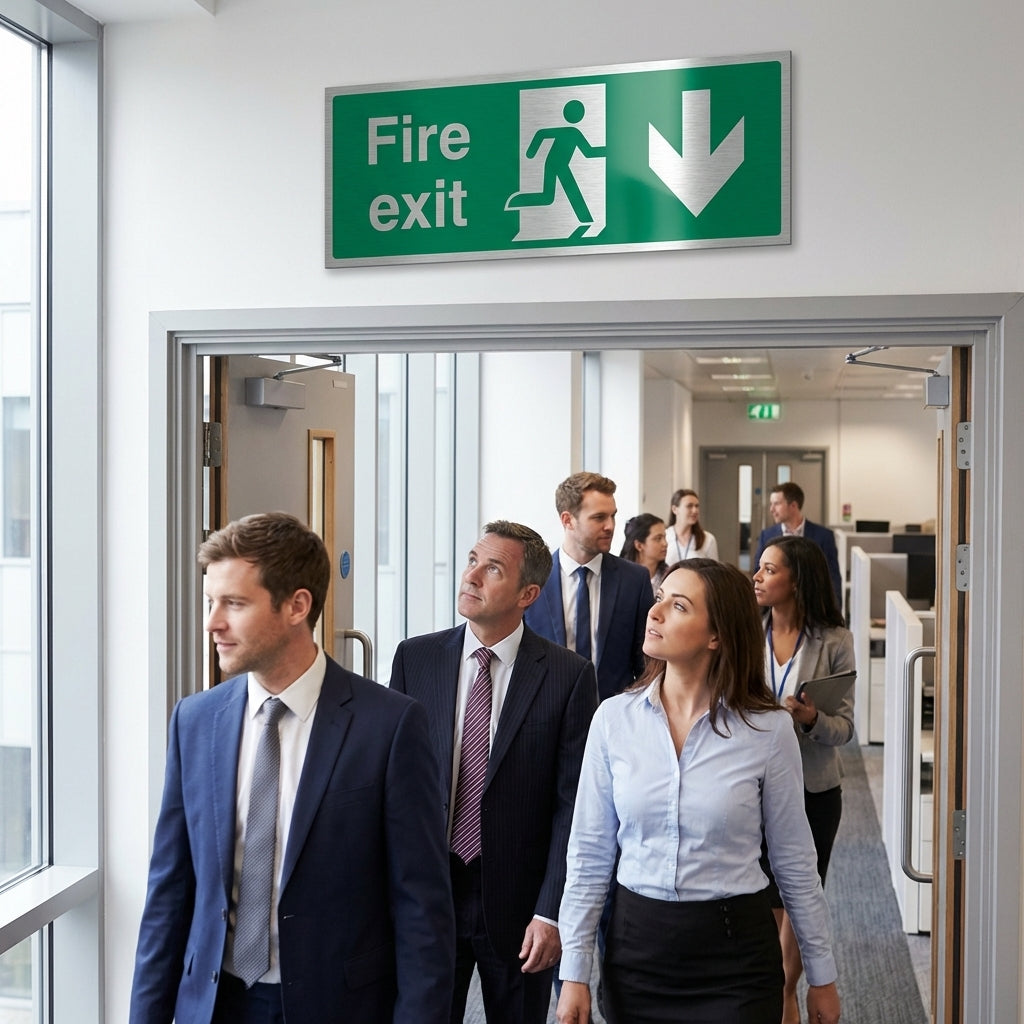Fire Exit Arrow Down Sign – 300mm x 100mm – Brushed Aluminium – Workplace Safety