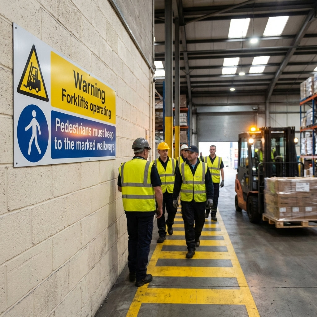 Safety Sign – Warning Forklifts Operating – 1mm Rigid Plastic – Indoor/Outdoor Use