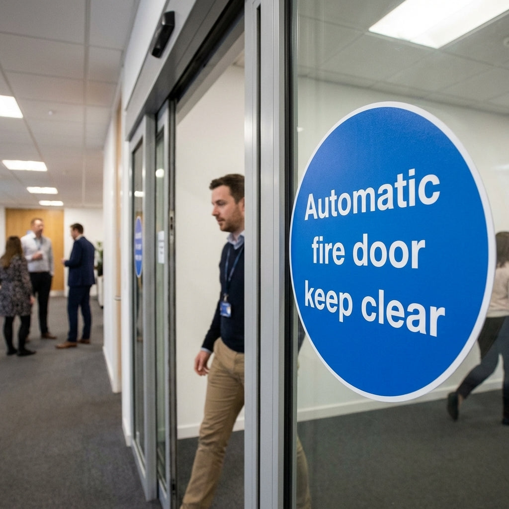 Automatic Fire Door Labels – 100mm x 100mm – Self Adhesive Vinyl – Indoor Use