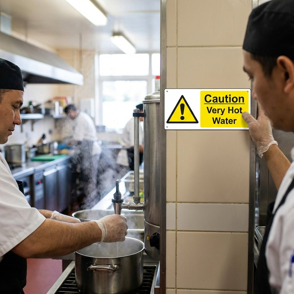 Caution Very Hot Water Safety Sign – 1mm Rigid Plastic – Indoor/Outdoor Use
