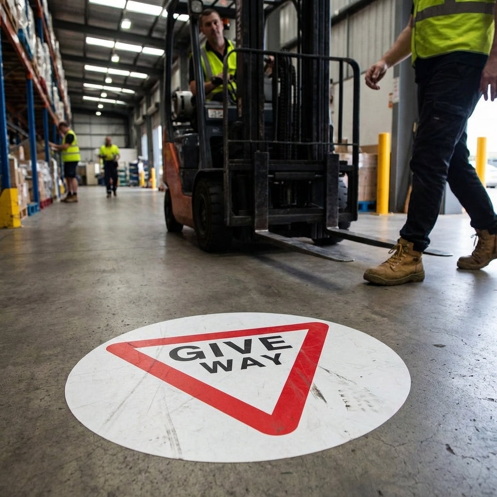 Stop Give Way Floor Graphic – 400mm Diameter – Polycarbonate – Industrial
