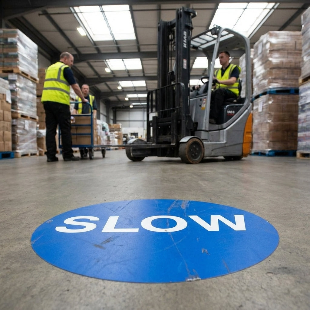 Slow Floor Graphic Safety Sign – 400mm Diameter – Polycarbonate – Factory & Warehouse Use