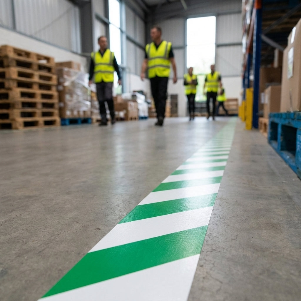 PVC Hazard Floor Marking Tape – 50mm Green & White – Durable – Indoor/Outdoor Use