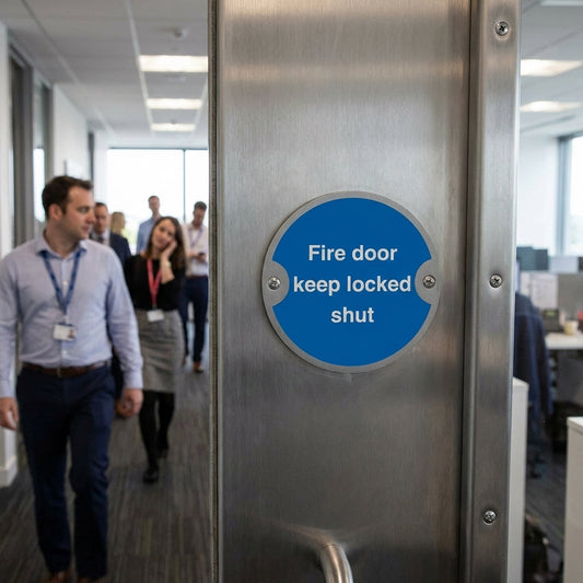 Fire Door Keep Locked Shut Signs – 76mm Diameter – Brushed Aluminium, Brass, Stainless Steel – Commercial Use