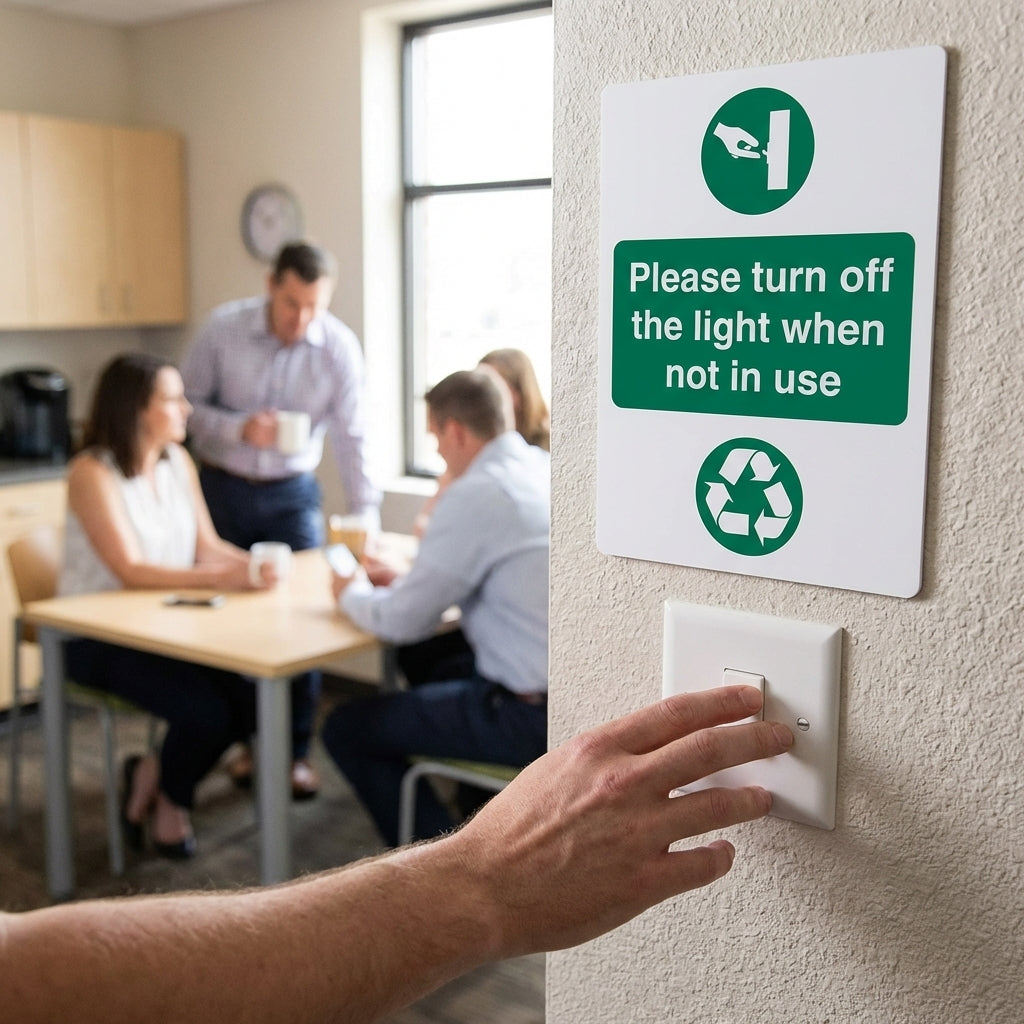 Light Switch Reminder Sign – Please Turn Off Light – 1mm Rigid Plastic – Indoor/Outdoor Use
