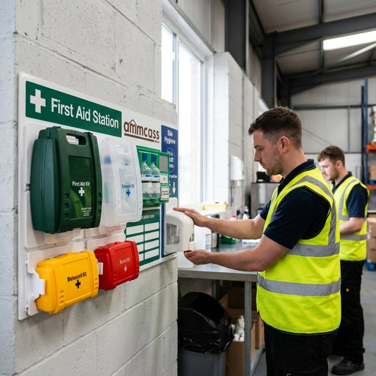 First Aid Station with Sanitising Dispenser – 1200mm x 680mm – Rigid Plastic – Industrial Use