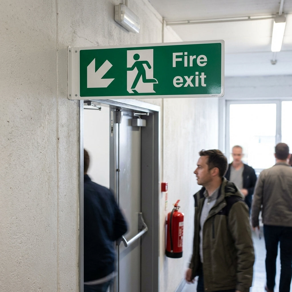 Fire Exit Sign – Arrow Down/Left – Running Man Graphic – Safety Indicator