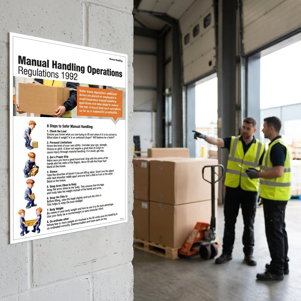 Manual Handling Regulations Poster – 400mm x 600mm – Rigid Plastic – Indoor/Outdoor Use