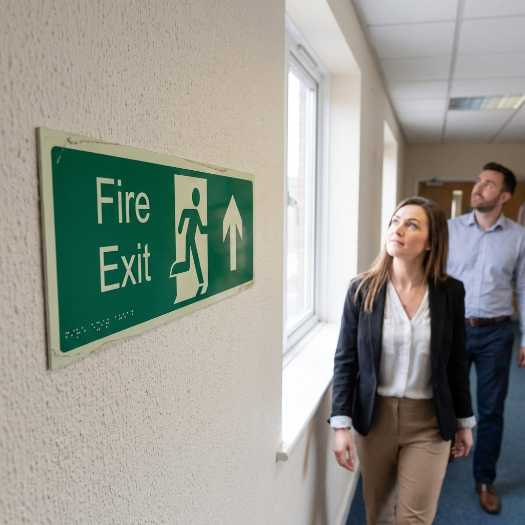 Braille Fire Exit Up with Running Man Sign – 450mm x 150mm – 1.5mm PVC – Indoor Safety
