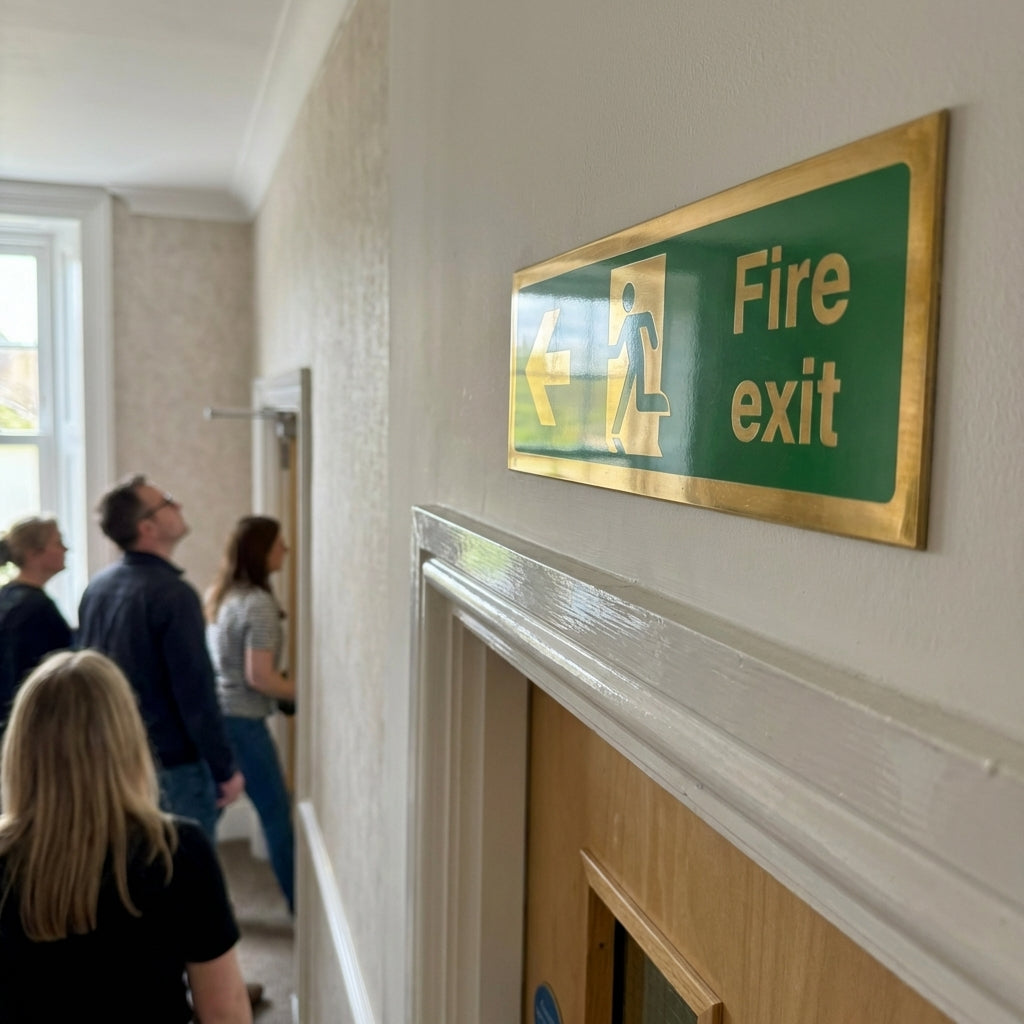 Fire Exit Arrow Left Sign – 300mm x 100mm – Polished Brass – Commercial Use