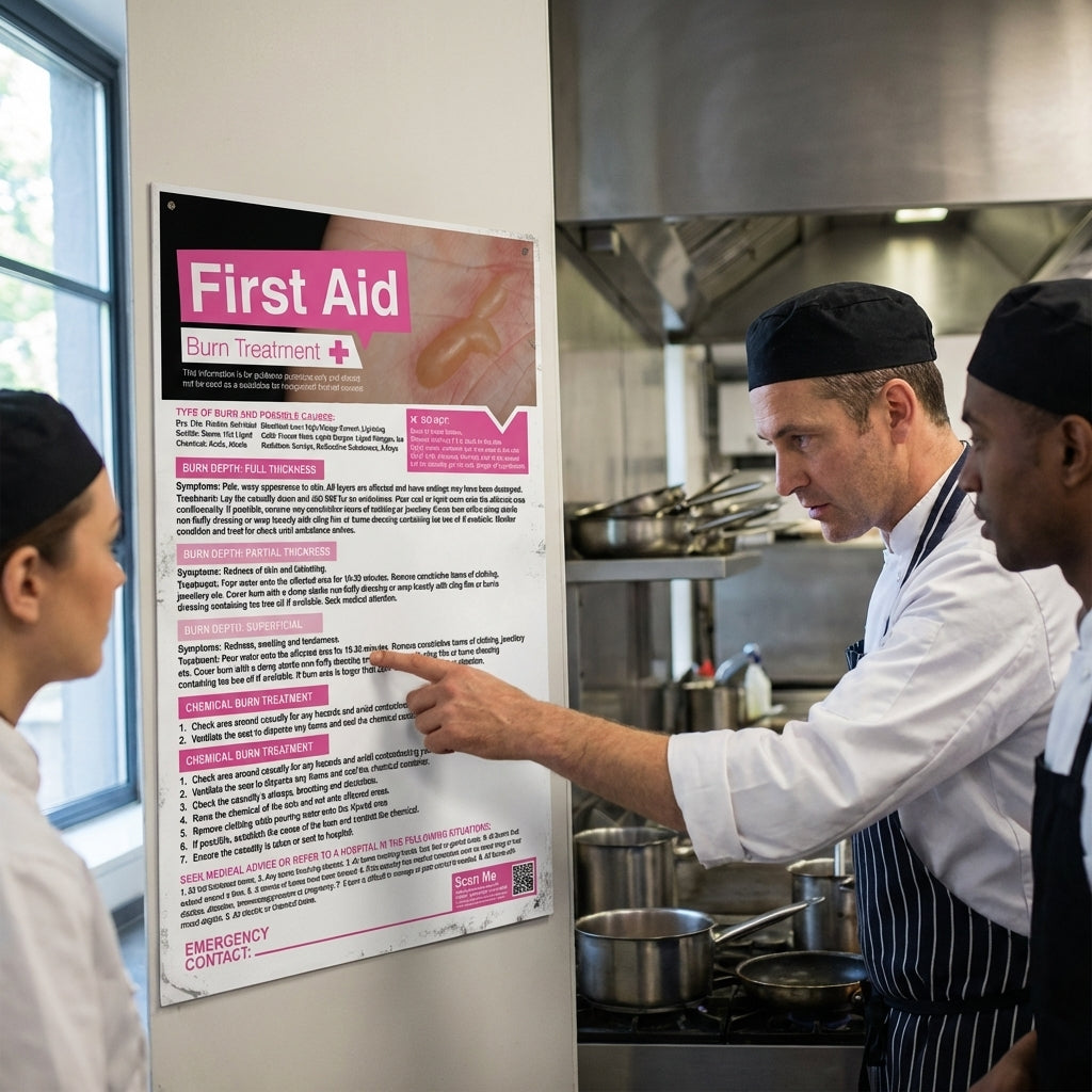 First Aid Burn Treatment Poster – 420mm x 594mm – Synthetic Paper – Indoor/Outdoor Use