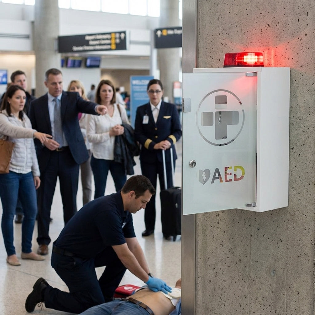 AED Defibrillator Cabinet – White – Alarmed, Lockable – Indoor Use