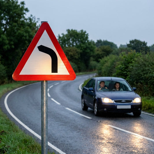 Left Bend Ahead Reflective Traffic Sign – 600mm Triangle – Aluminium Composite – Outdoor Use (Class R2)