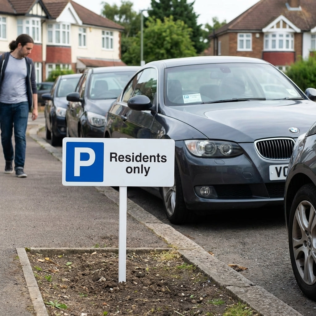 Residents Parking Only Sign with Post – 450mm x 150mm – Durable Aluminium – Outdoor Use